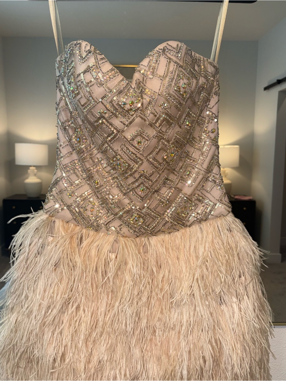 Source Unknown Blush Sequin Embellished Strapless Feather Mini Dress - Picture 15 of 16
